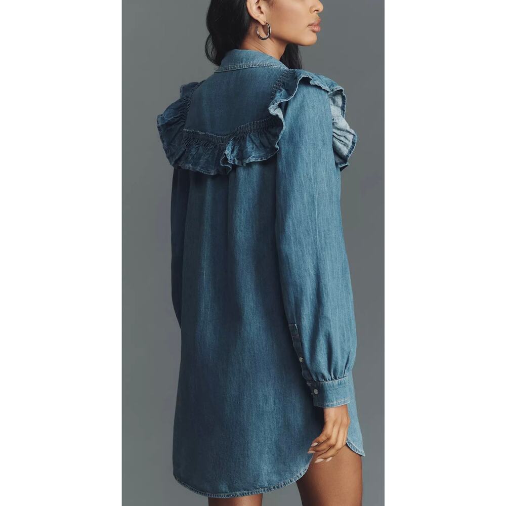 Pilcro Anthropologie Ruffled Denim Mini Shirt Dress Western Prairie Cottage XS - Picture 2 of 13